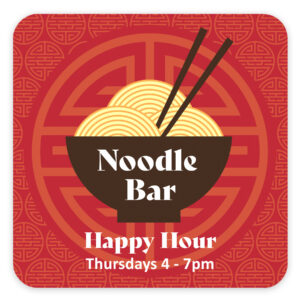 photo of a white 60pt square coaster, printed full bleed with Noodle Bar Happy Hour promotion