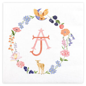 Custom digital printed wedding cocktail napkin AJ with floral wreath